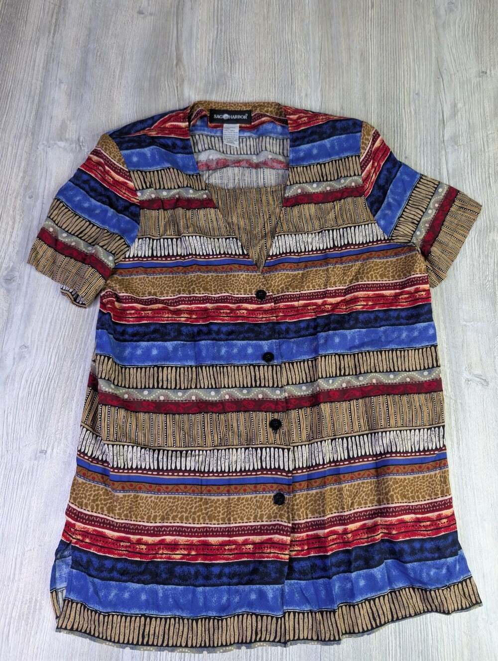 Sag Harbor Women's Multi-Colored Patterned Short Sleeve Button-Down Blouse